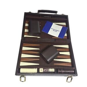 Vintage Brown Faux Leather Backgammon Travel Set Complete with Instructions